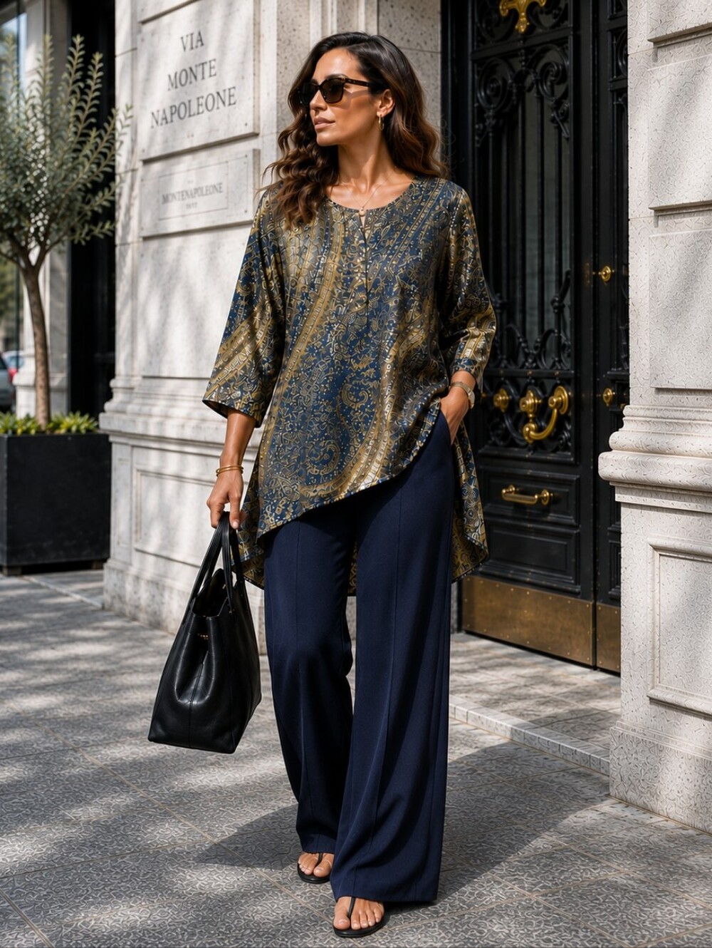 Lafayette 148 New York 100% Silk Blouse Size L Gold Blue Print Long Sleeve Chic